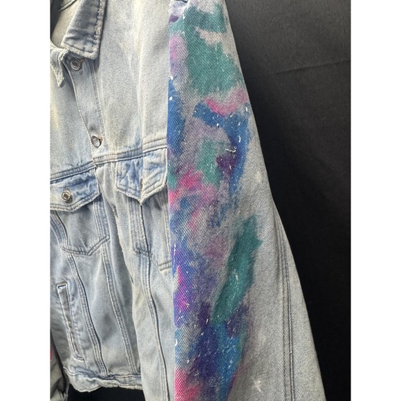 MTV Jacket Mens‎ XL Light Wash Denim Trucker Graphic Painted Sleeves H&M Divided - Picture 10 of 16